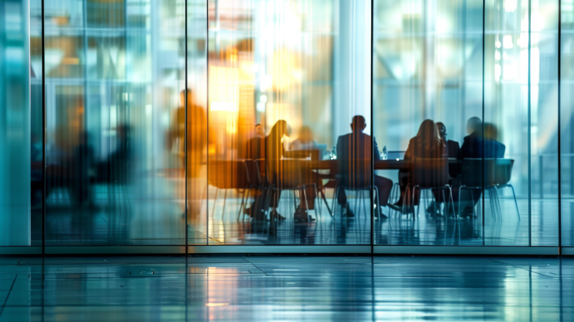Consulting team meeting inside a glass boardroom — Adobe Stock.