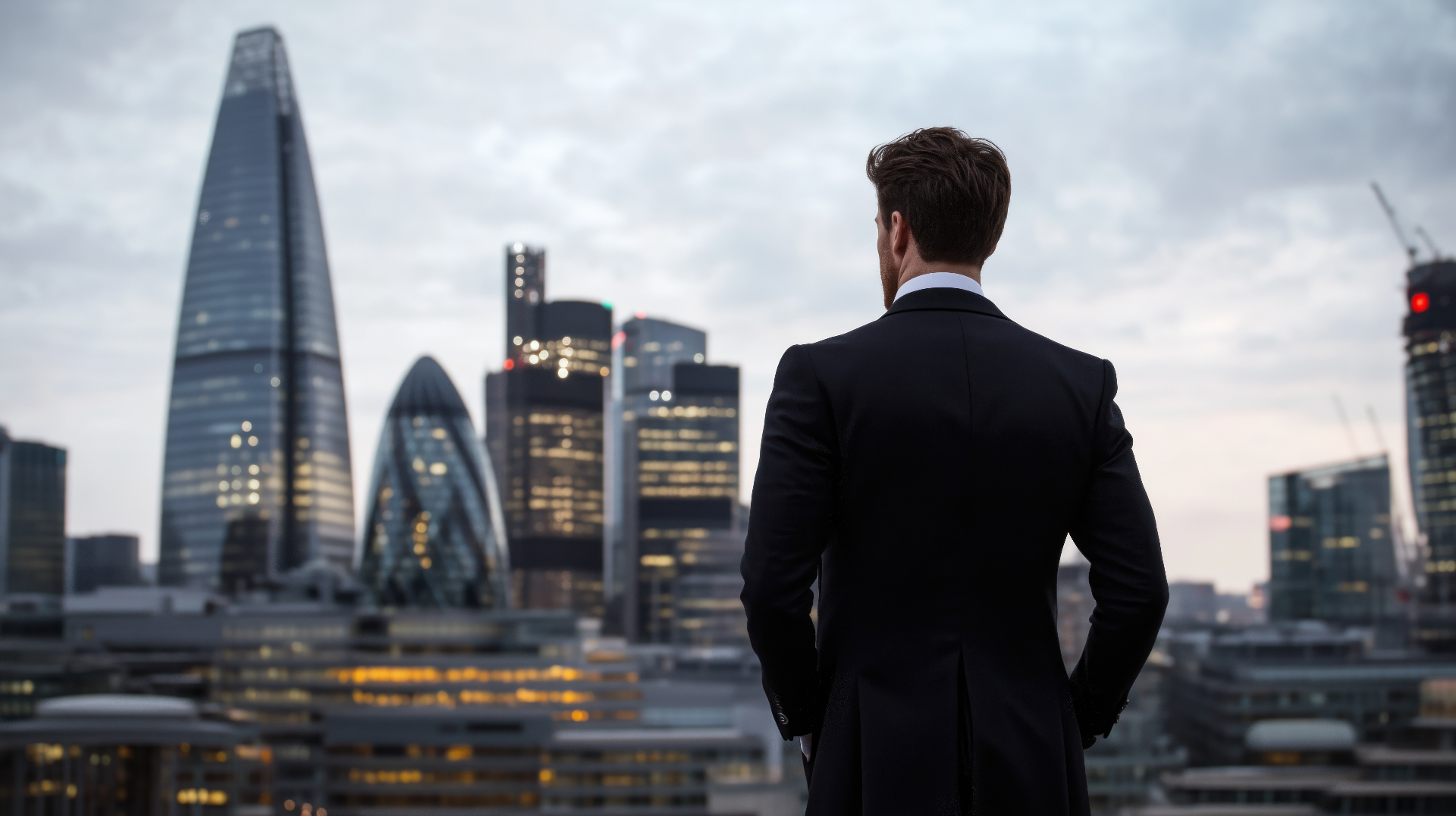 Young professional looking out at a financial district skyline — Adobe Stock.